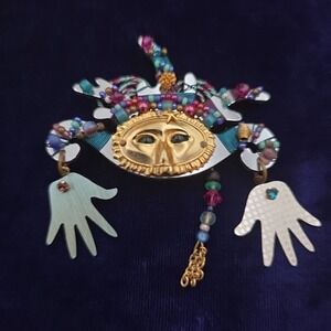 LIZTECH Mardi Gras Mask Pin Articulated Mirror Wired Beaded‎ Art Signed 98 VTG